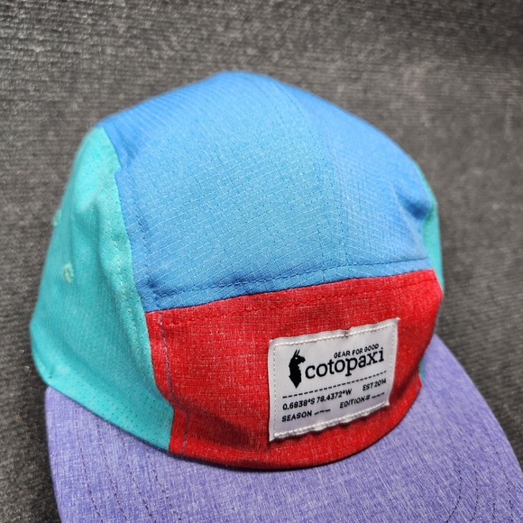 Cotopaxi 5 Panel Hat Colorblock Blue Red Teal Adjustable Camper Cap Unisex - Picture 2 of 7